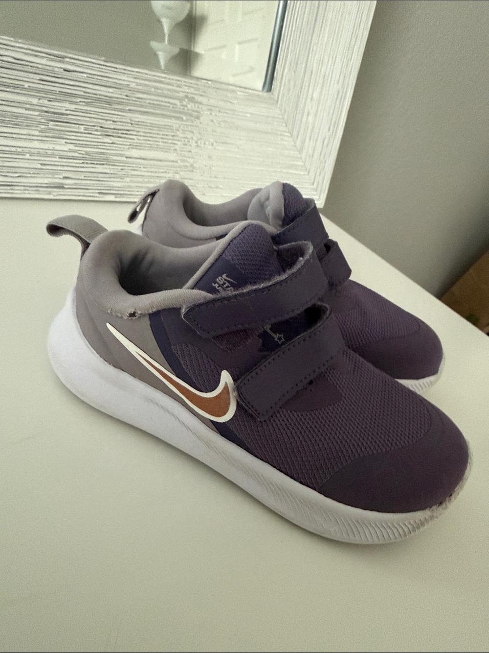 Nike Kids Purple Velcro Sneakers with Gold Swoosh